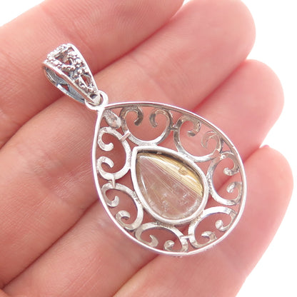 925 Sterling Silver Vintage Real Rutilated Quartz Ornate Teardrop Charm Pendant