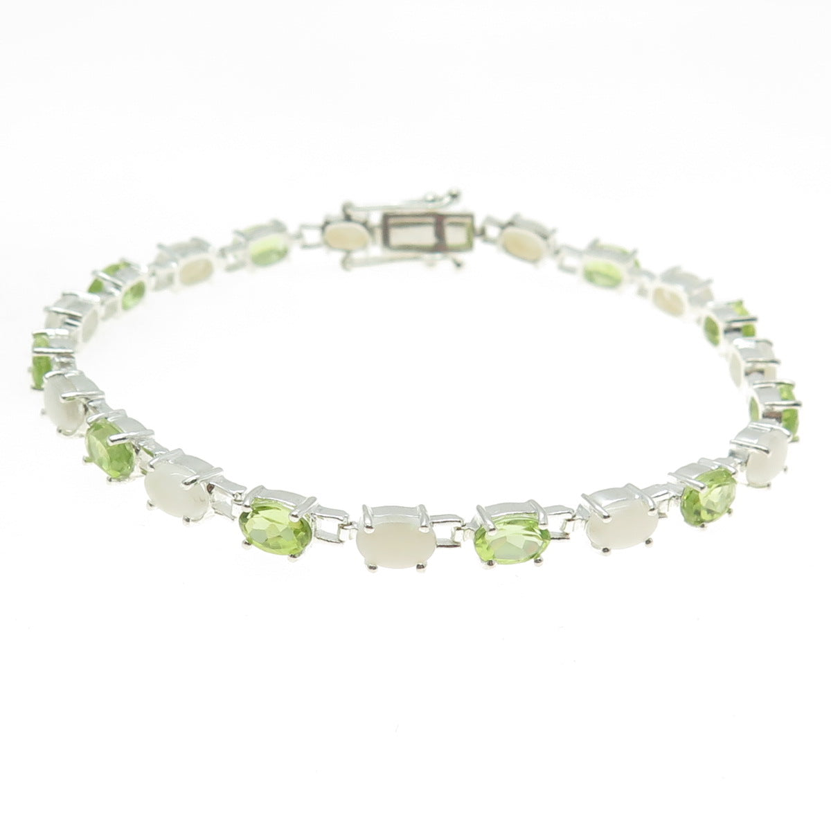 925 Sterling Silver Real Opal & Peridot Tennis Link Bracelet 7.25"