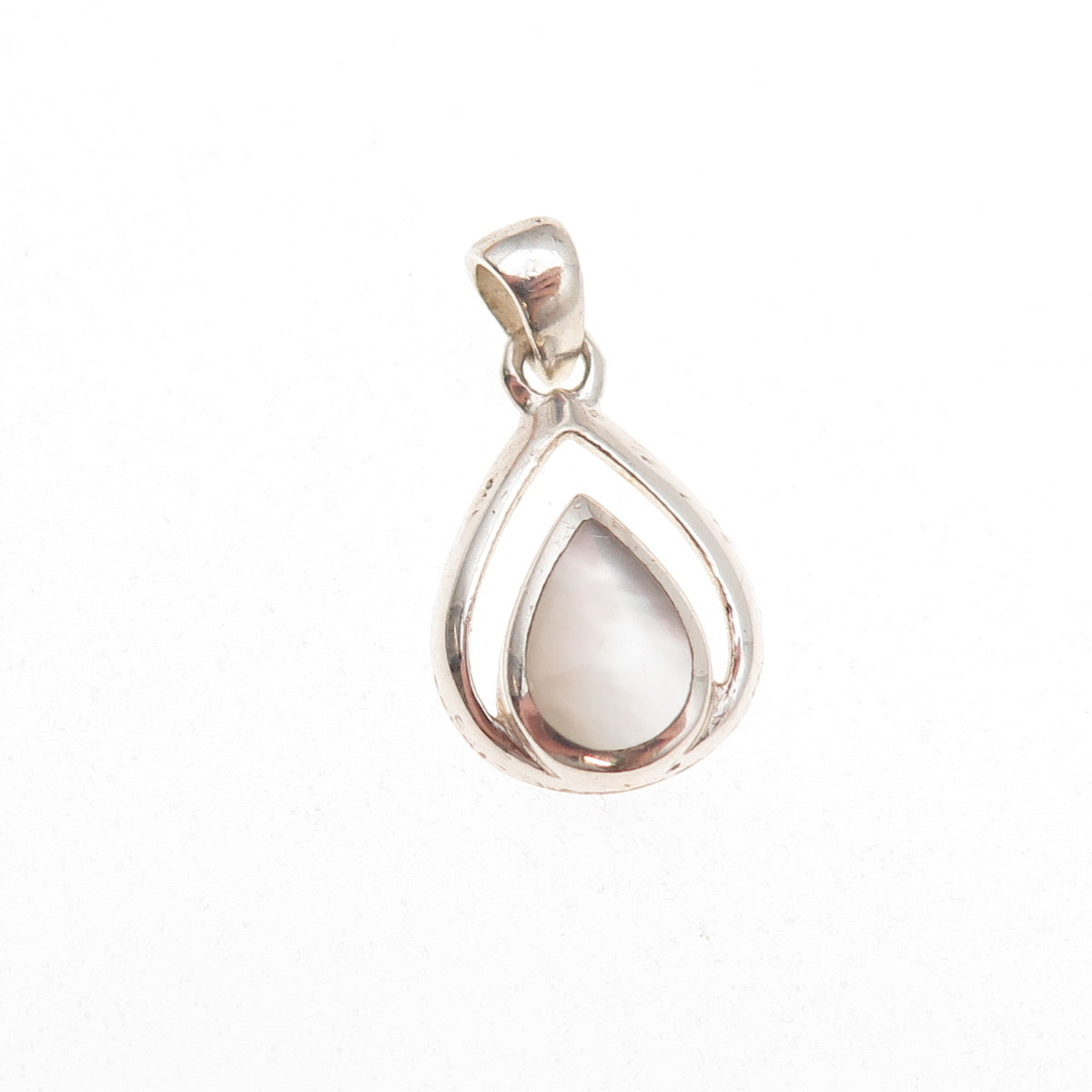 925 Sterling Silver Vintage Real MOP Teardrop Oxidized Charm Pendant