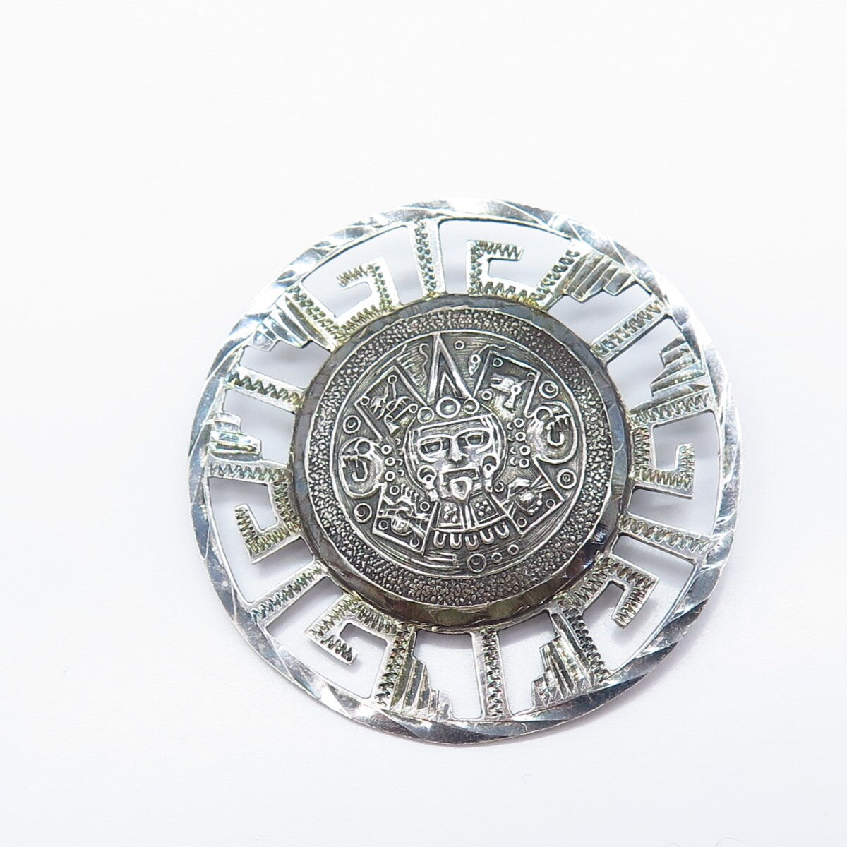 925 Sterling Silver Vintage Mexico Aztec Calendar Pin Brooch / Pendant