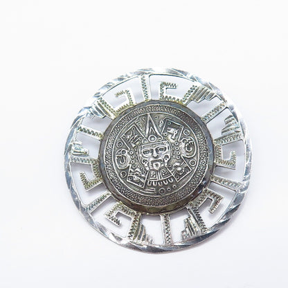 925 Sterling Silver Vintage Mexico Aztec Calendar Pin Brooch / Pendant
