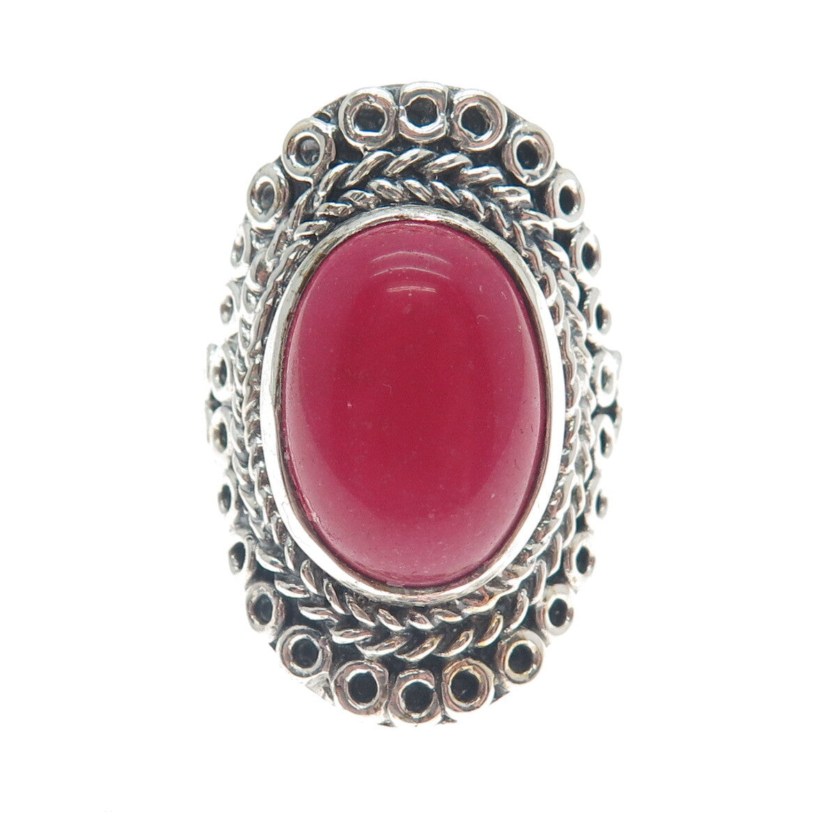 925 Sterling Silver Vintage Real Rhodonite Circle Link Oxidized Ring Size 8.75