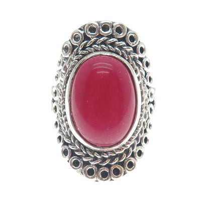 925 Sterling Silver Vintage Real Rhodonite Circle Link Oxidized Ring Size 8.75