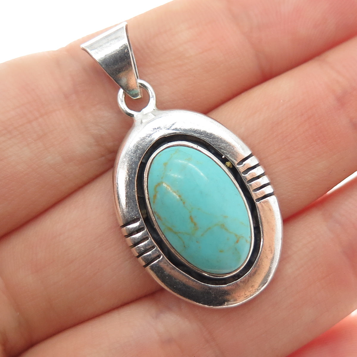 925 Sterling Silver Vintage Real Lone Mountain Turquoise Southwestern Pendant