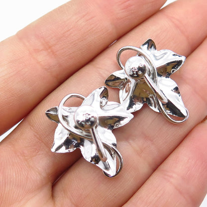 925 Sterling Silver Vintage Cart Art Blue Rhinestone Leaf Screw Back