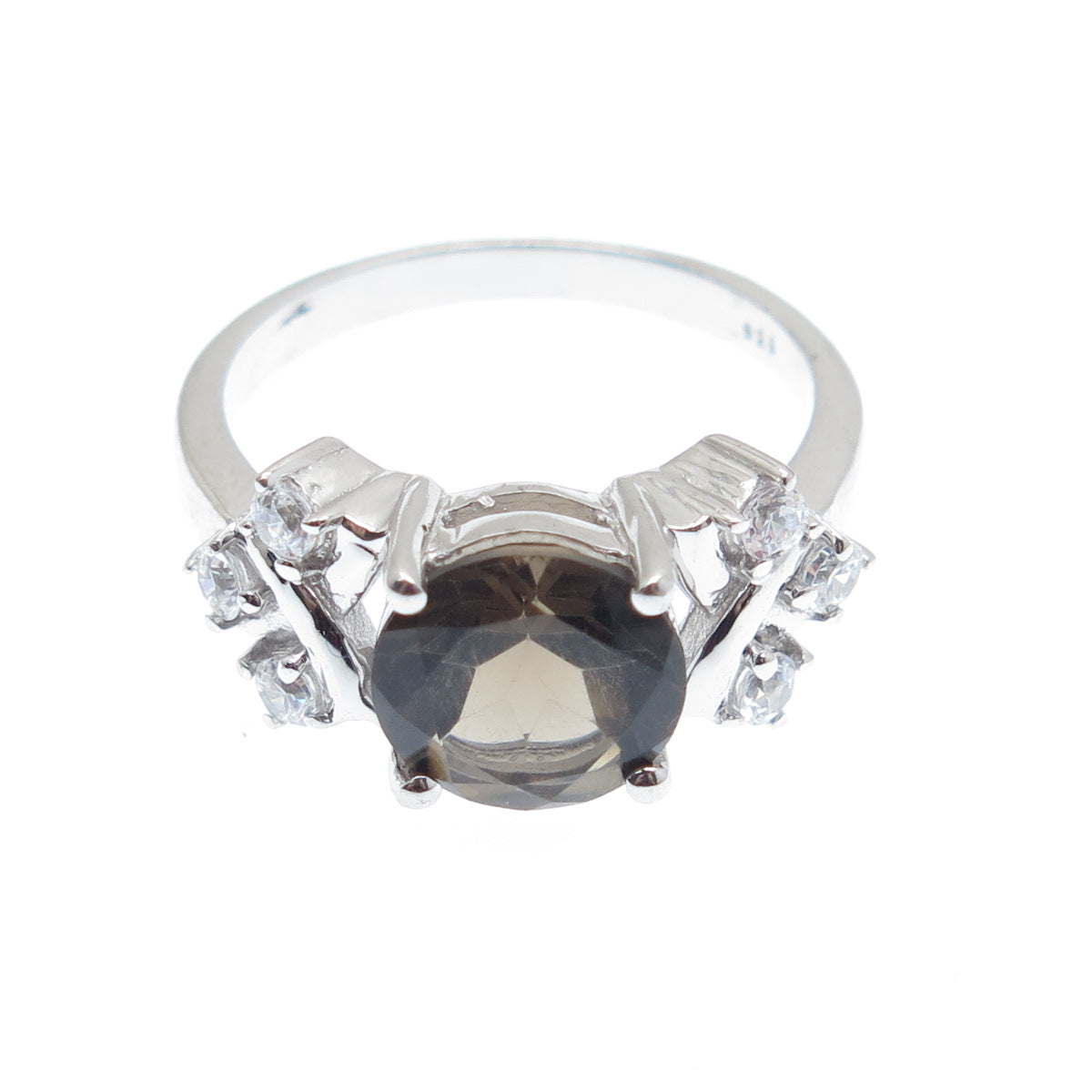 925 Sterling Silver Real Round-Cut Smoky Quartz & C Z Ring Size 7.25