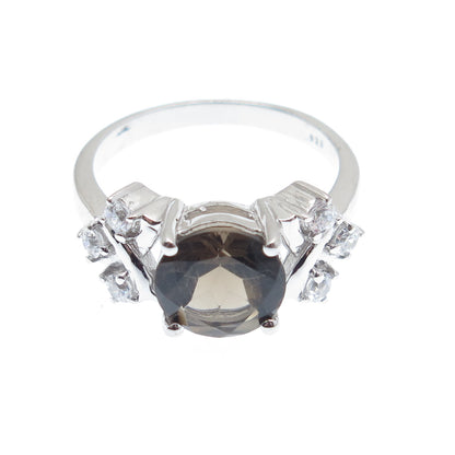 925 Sterling Silver Real Round-Cut Smoky Quartz & C Z Ring Size 7.25