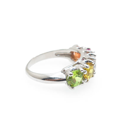 925 Sterling Silver Real Round-Cut Multi-Color Topaz Ring Size 6.25