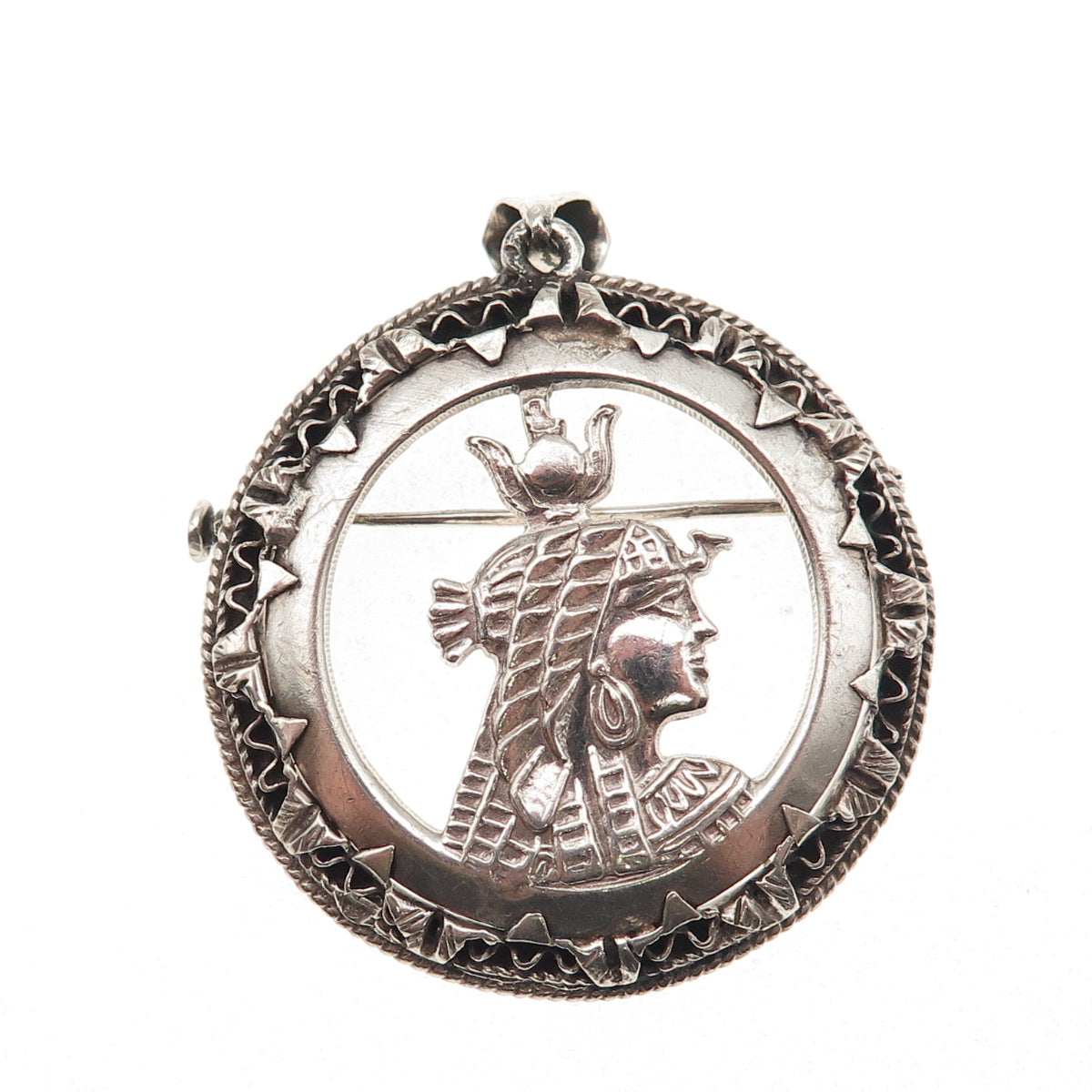 800 Silver Vintage Egyptian Hathor Goddess Oxidized Pin Brooch / Pendant