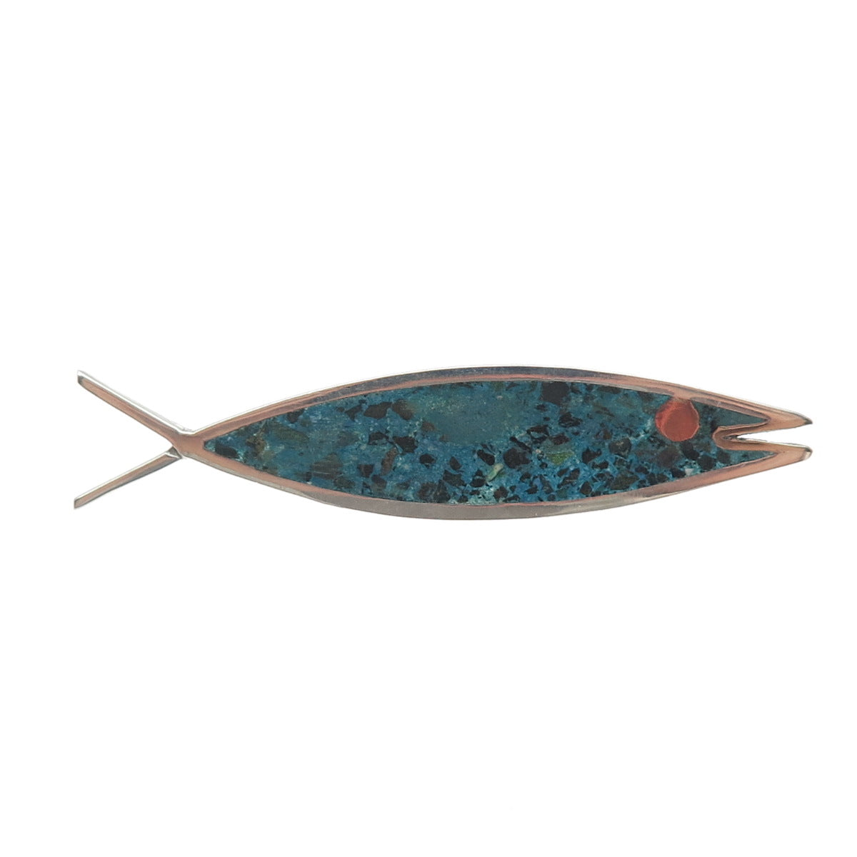 925 Sterling Silver 2-Tone Vintage Mexico Real Azurite Inlay Ichthys Pin Brooch