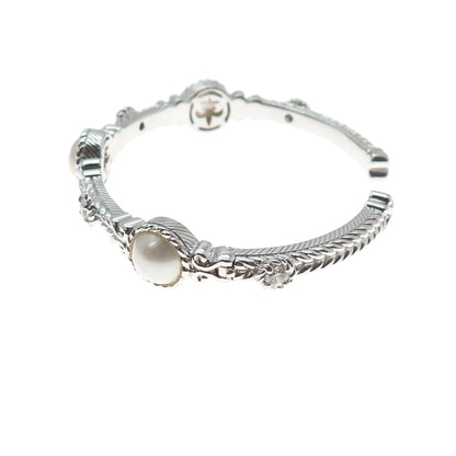 JUDITH RIPKA 925 Sterling Silver Real Pearl & C Z Adjustable Cuff Bracelet 7"