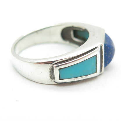 925 Sterling Silver Vintage Real Turquoise & Lapis Lazuli Ring Size 8.25