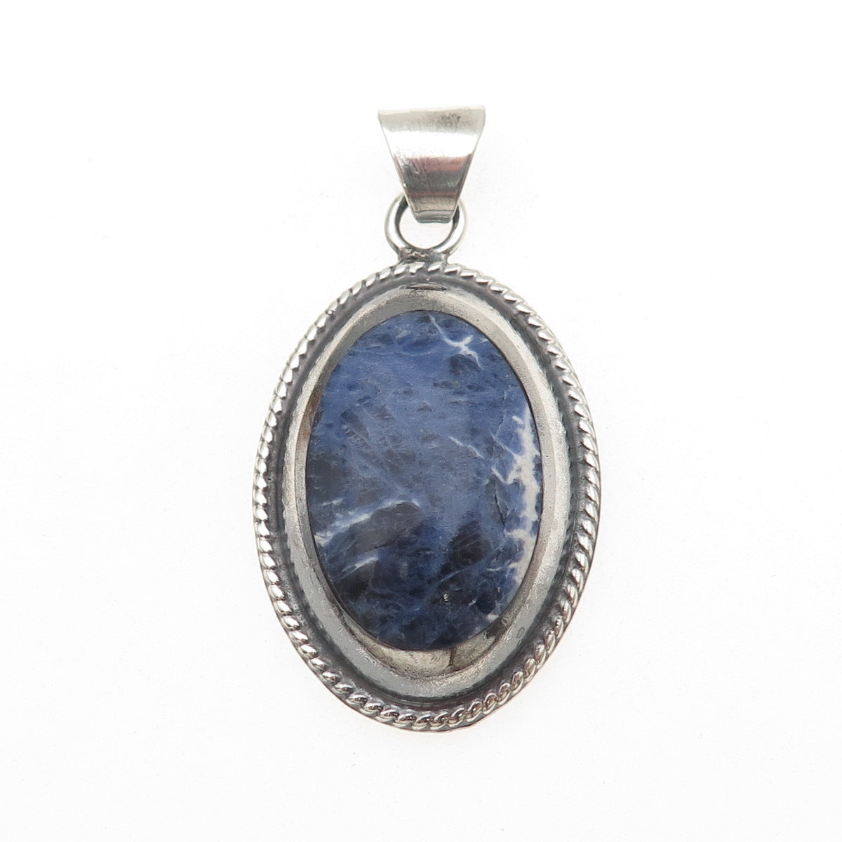 925 Sterling Silver Vintage Real Cabochon Sodalite Oxidized Pendant