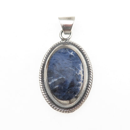 925 Sterling Silver Vintage Real Cabochon Sodalite Oxidized Pendant