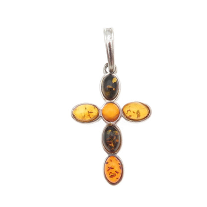 925 Sterling Silver Vintage Real Amber Cross Charm Pendant