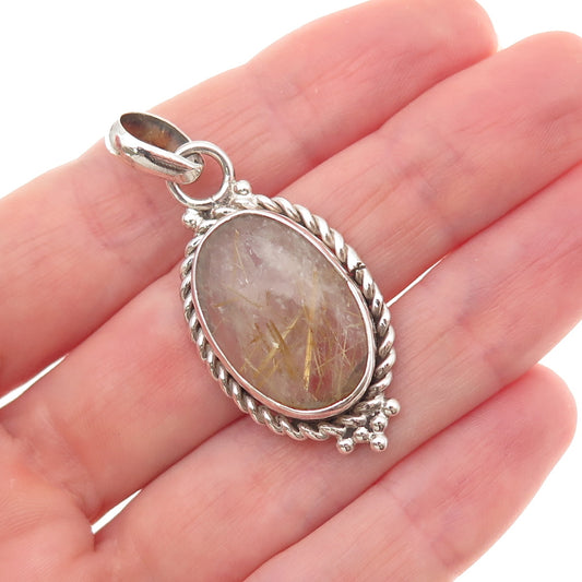 925 Sterling Silver Vintage Real Rutilated Quartz Oxidized Charm Pendant