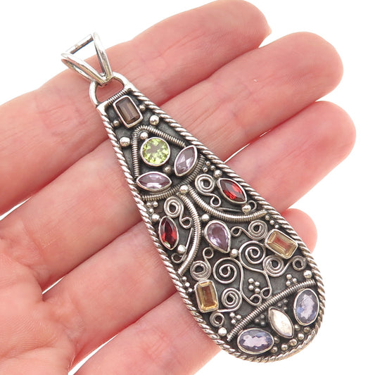 925 Sterling Silver Vintage Real Multi-Color Gem Cluster Teardrop Pendant