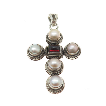 925 Sterling Silver Vintage Real Tahitian Pearl & Red Garnet Gem Cross Pendant