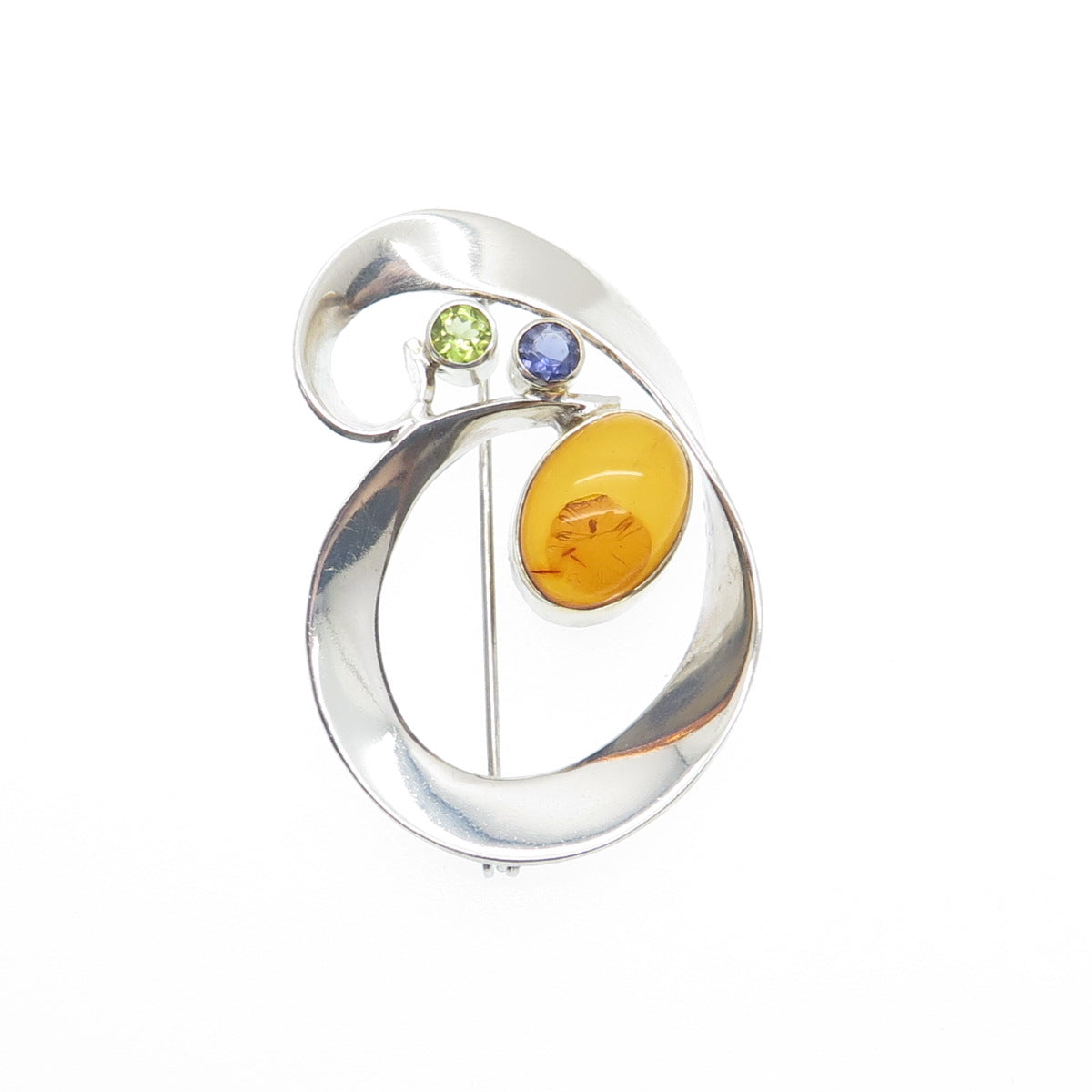 MICHOU 925 Sterling Silver Vintage Real Amber Iolite & Peridot Modernist Brooch