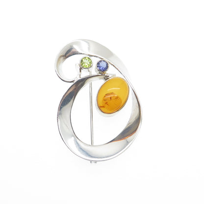 MICHOU 925 Sterling Silver Vintage Real Amber Iolite & Peridot Modernist Brooch