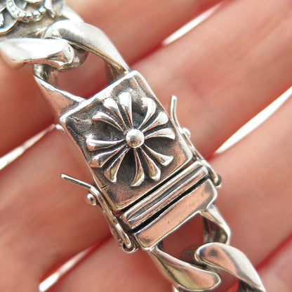 925 Sterling Silver Vintage Fleur de Lis Cross Oxidized Anchor Link Bracelet 8"