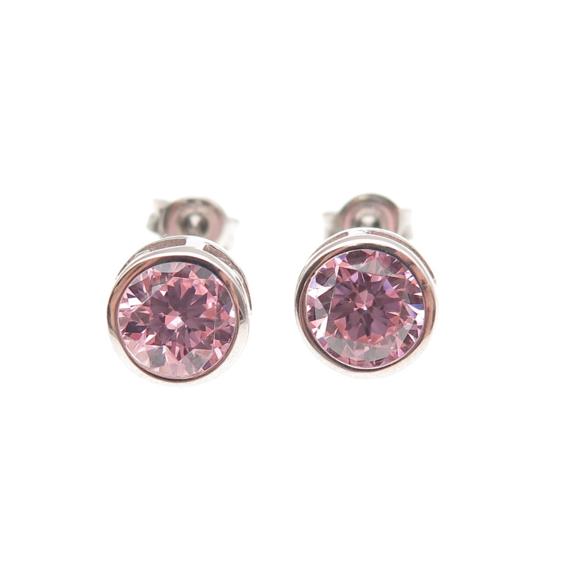 925 Sterling Silver Round-Cut Pink C Z Stud Earrings