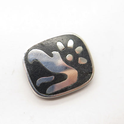 LOS CASTILLO 925 Sterling Silver Vintage Mexico Black Onyx Tribal Bird Brooch
