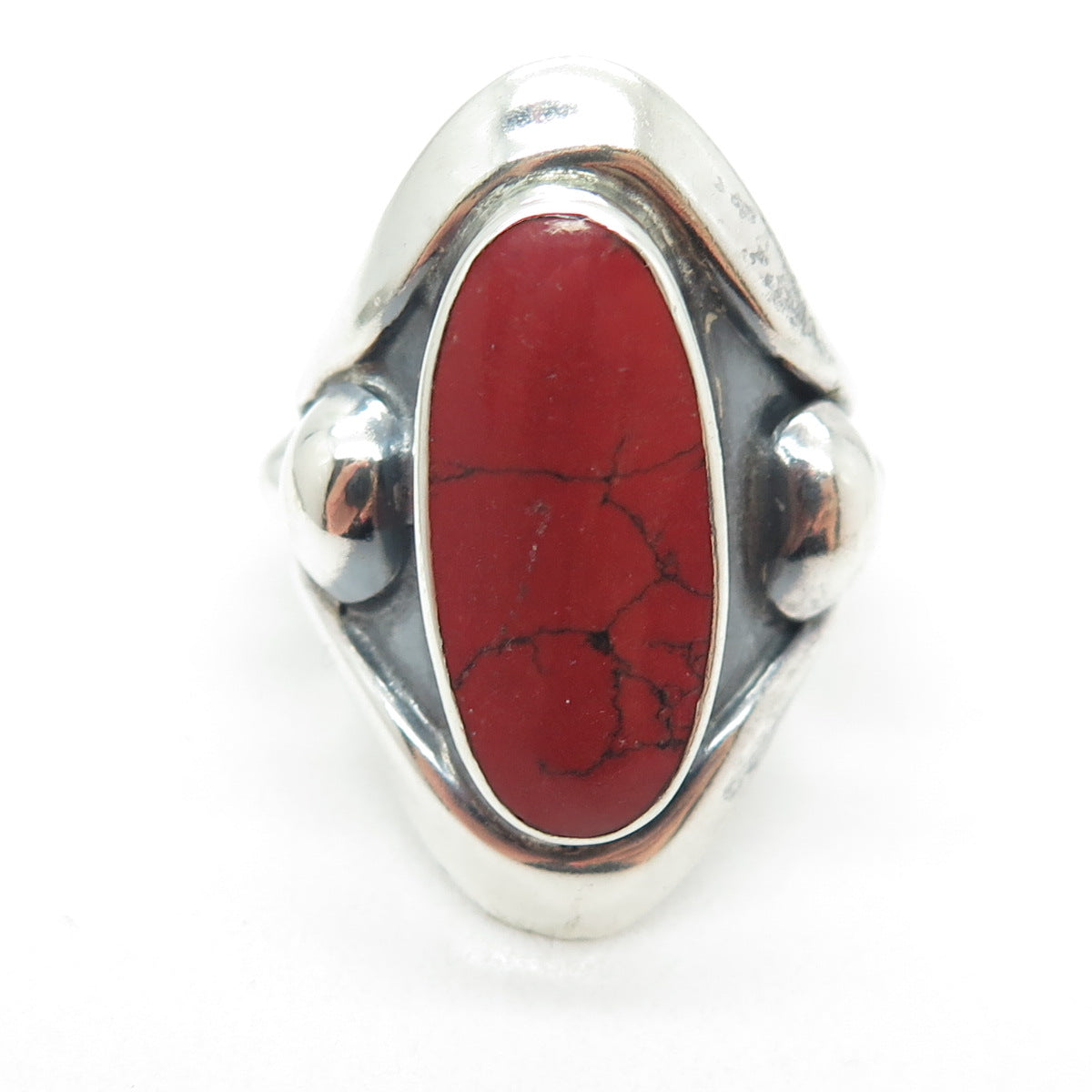 925 Sterling Silver Vintage Mexico Real Red Turquoise Gem Tribal Ring Size 8.25