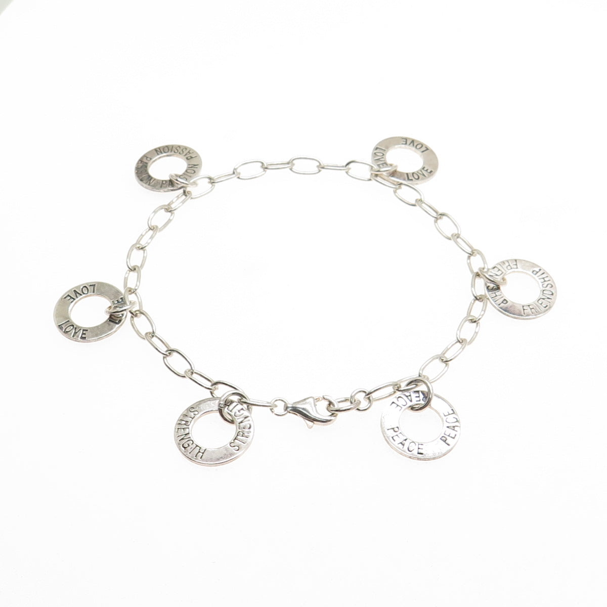 925 Sterling Silver Vintage Love Peace Strength Passion Friendship Bracelet 7"