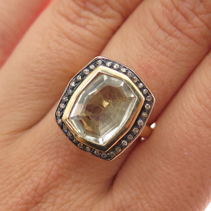 925 Sterling Silver Gold Plated Real Diamond & Green Amethyst Ring Size 6.75