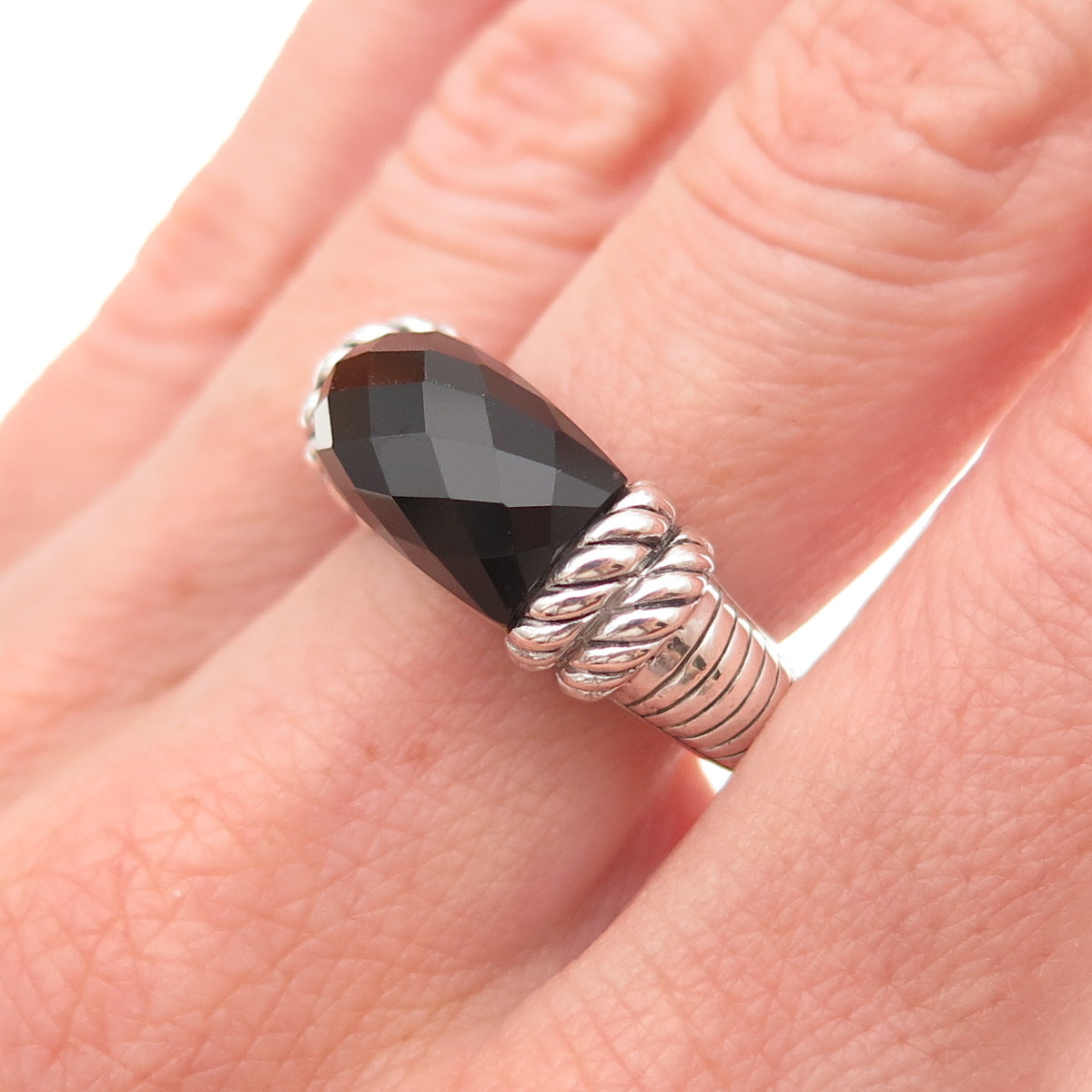 Judith Ripka 925 Sterling Silver Real Black Onyx Roped Ring Size 9