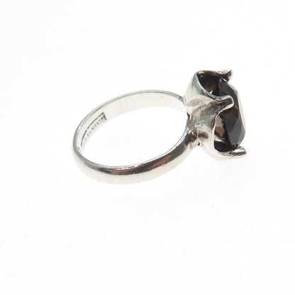 925 Sterling Silver Vintage Mexico Real Smoky Quartz Modernist Ring Size 6.25