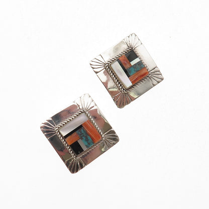 Old Pawn Sterling Silver Vintage Turquoise Spiny Oyster Black Onyx MOP Earrings