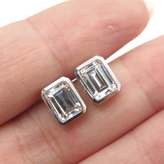 925 Sterling Silver Emerald-Cut C Z Stud Earrings