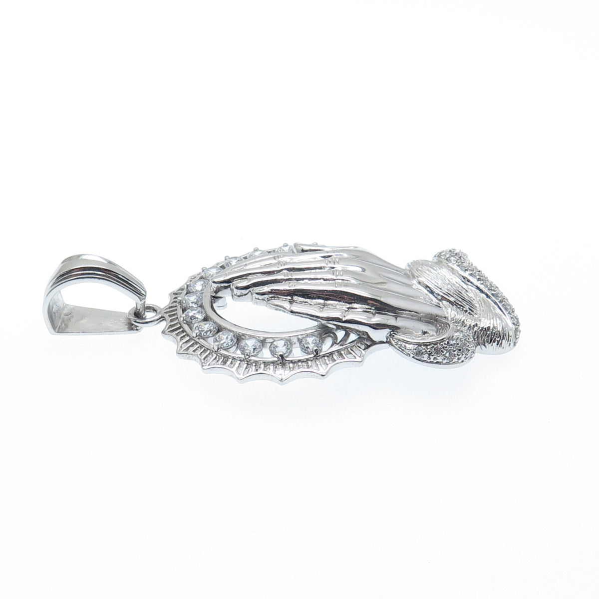 925 Sterling Silver Round-Cut C Z Praying Hands Pendant