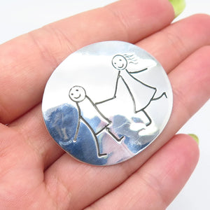 925 Sterling Silver Vintage Mexico Friends Children Boy & Girl Round Pin Brooch