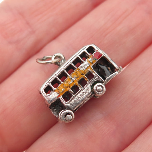 925 Sterling Silver Vintage Enamel London Double Decker Open Bus 3D Mini Pendant