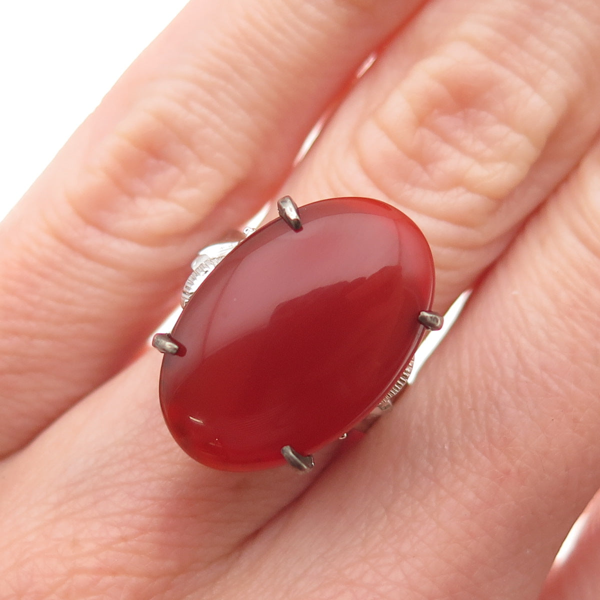K. Fitz 925 Sterling Antique Art Deco Real Carnelian Diamond-Cut Ring Size 5.5