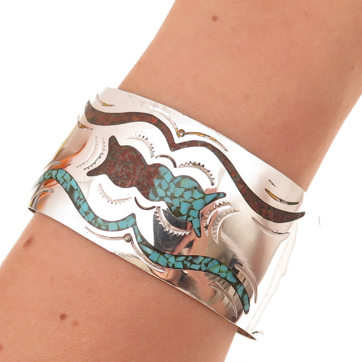 Regina Kallestewa Zuni Old Pawn Sterling Turquoise & Coral Inlay Bracelet 6.75"