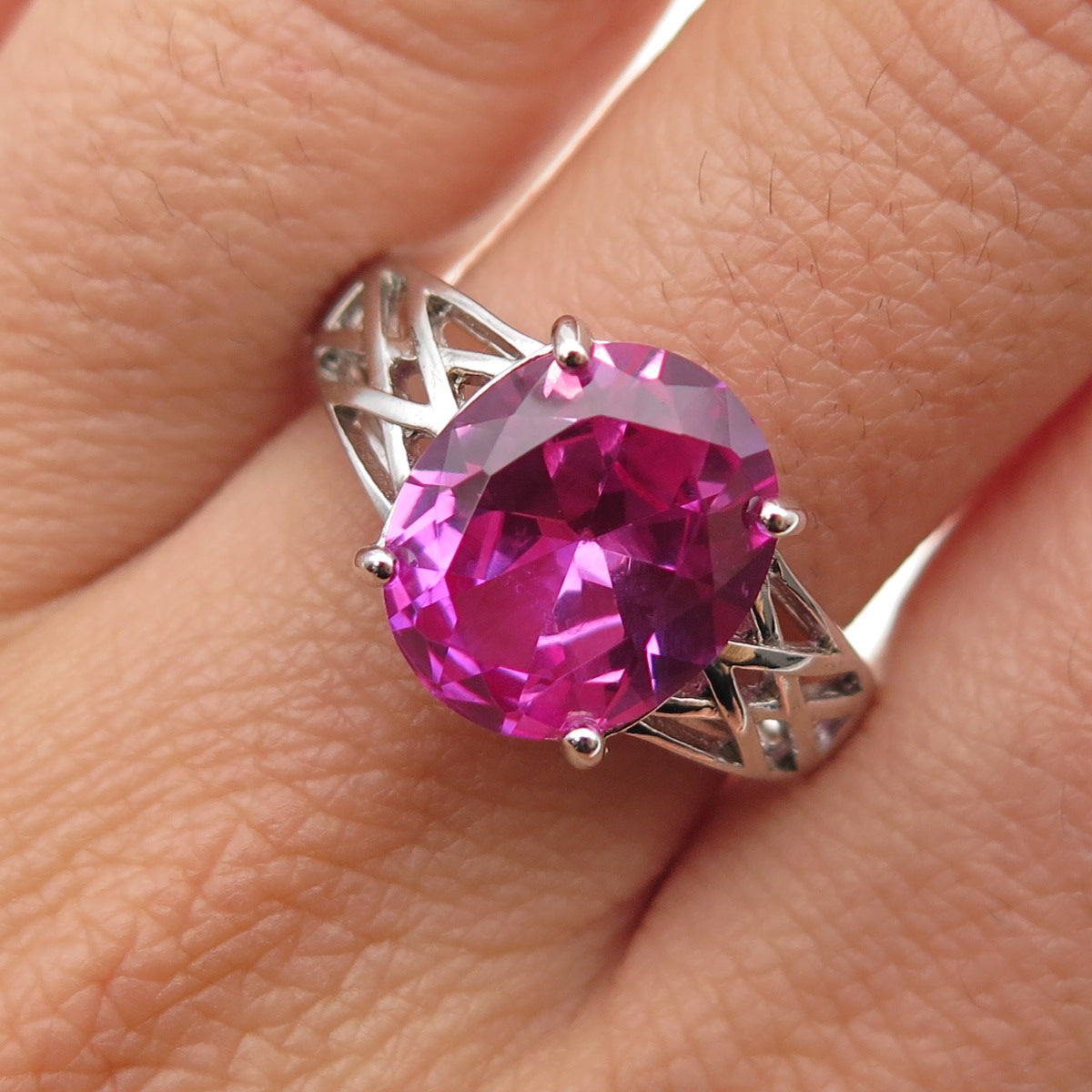 925 Sterling Silver Real Oval-Cut Pink Topaz Ring Size 8.75
