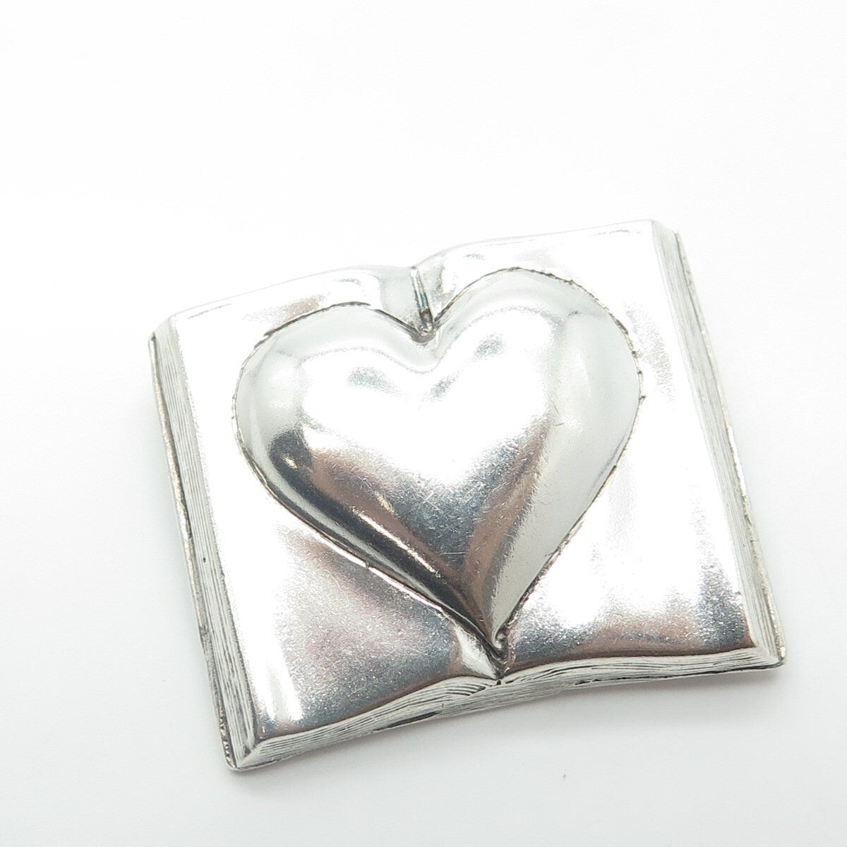 GUYOT 925 Sterling Silver Vintage 1989 Open Book Puffy Heart Repousse Pin Brooch