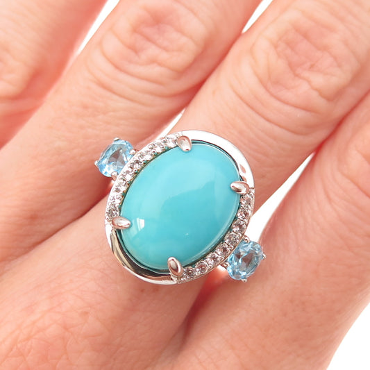 925 Sterling Real Sleeping Beauty Turquoise Blue & White Topaz Ring Size 8