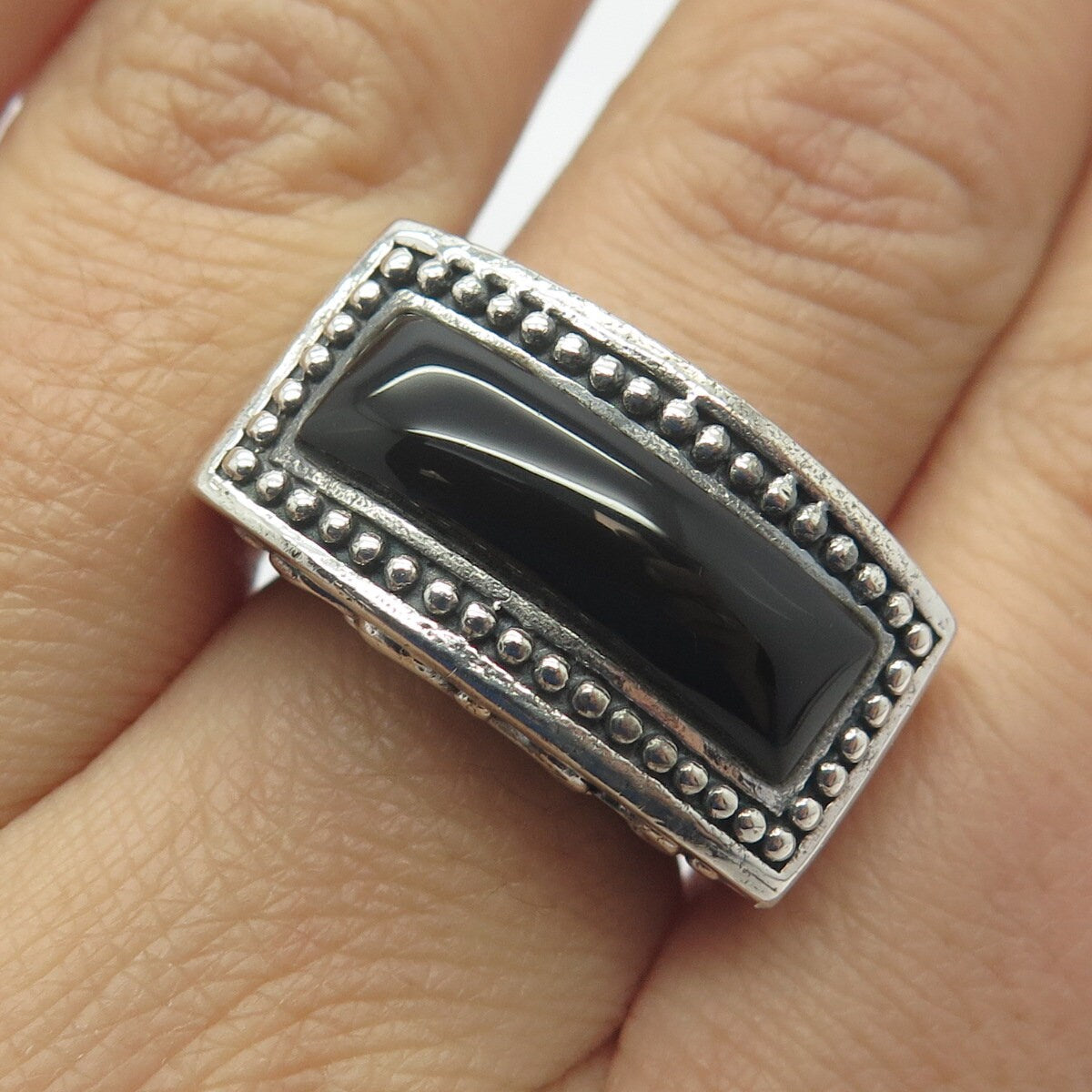 925 Sterling Silver Vintage Chapal-Zenray Black Onyx Elongated Ring Size 7