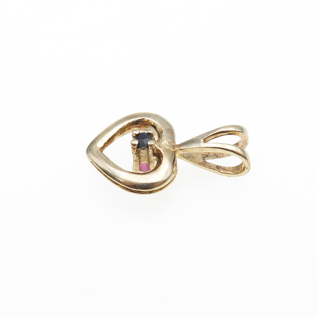 925 Sterling Gold Plated Vintage Ruby & Sapphire Dual Sided Heart Mini Pendant