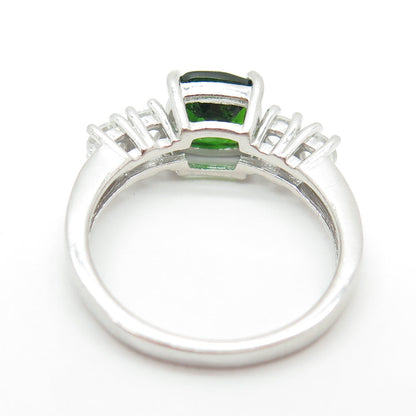 925 Sterling Silver Real Cushion-Cut Green Tourmaline White Topaz Ring Size 6.25