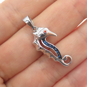 925 Sterling Silver Round-Cut Blue & Red C Z Seahorse Charm Pendant