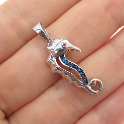 925 Sterling Silver Round-Cut Blue & Red C Z Seahorse Charm Pendant