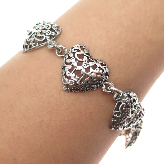 925 Sterling Silver Vintage JRI Ornate Heart Link Oxidized Bracelet 7.25"