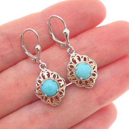D'Joy 925 Sterling Silver 2-Tone Real Tyrone Turquoise Floral Dangle Earrings