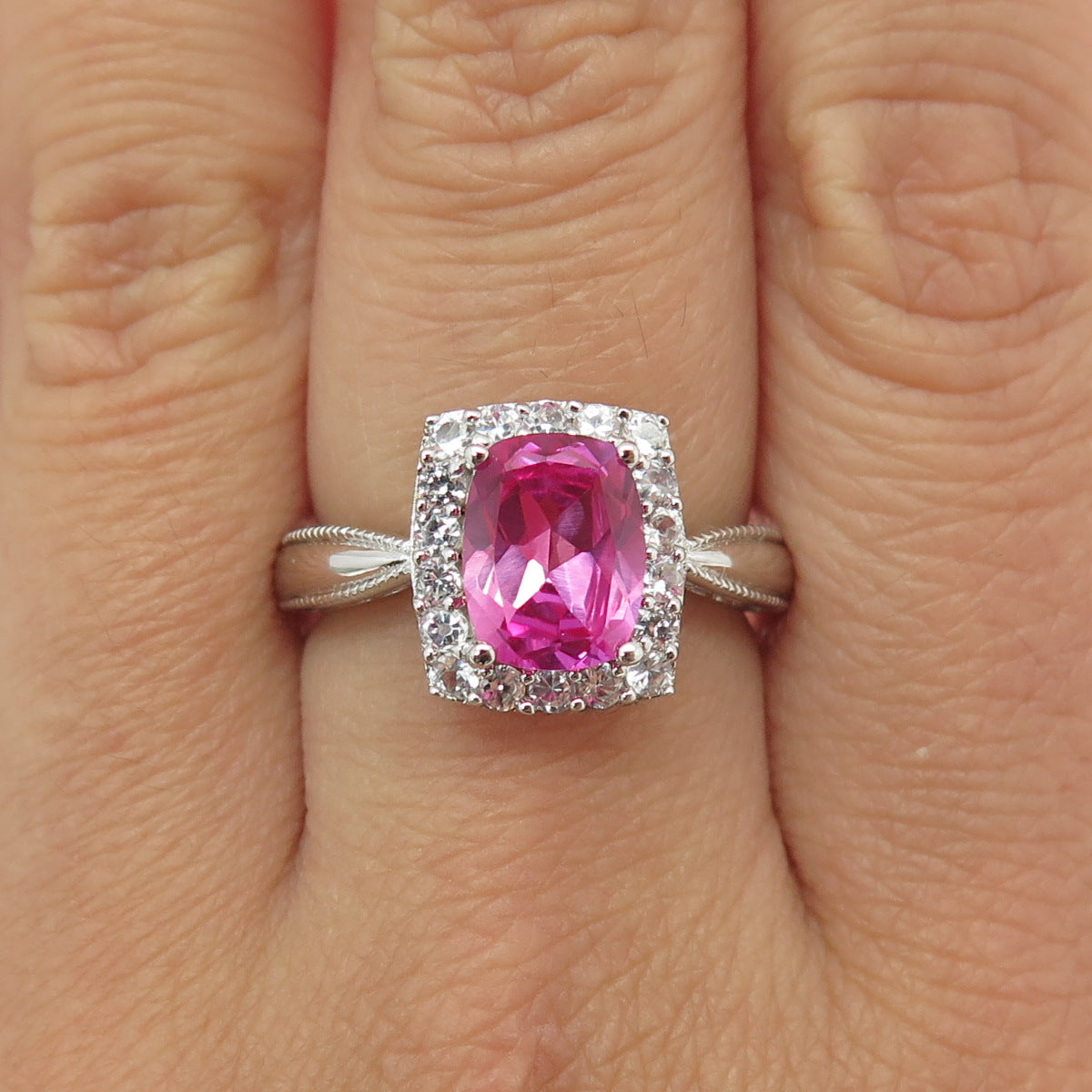 SUN 925 Sterling Silver Lab-Created Pink Sapphire & Topaz Promise Ring Size 8